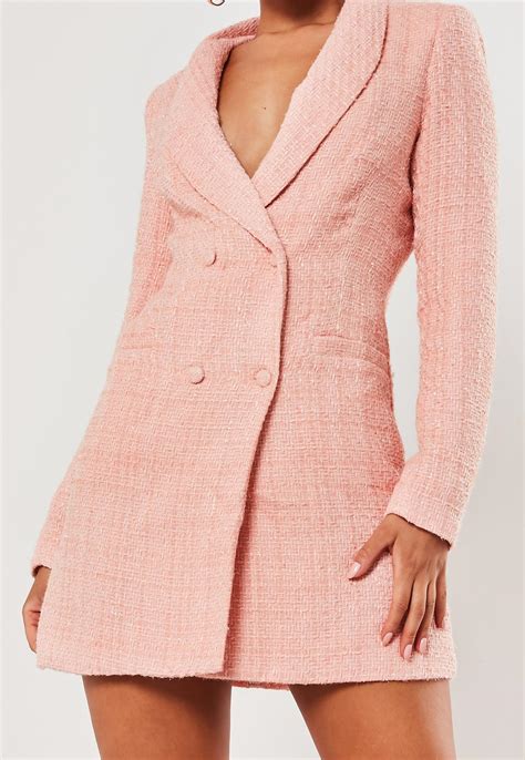 pink tweed double breasted blazer dress missguided