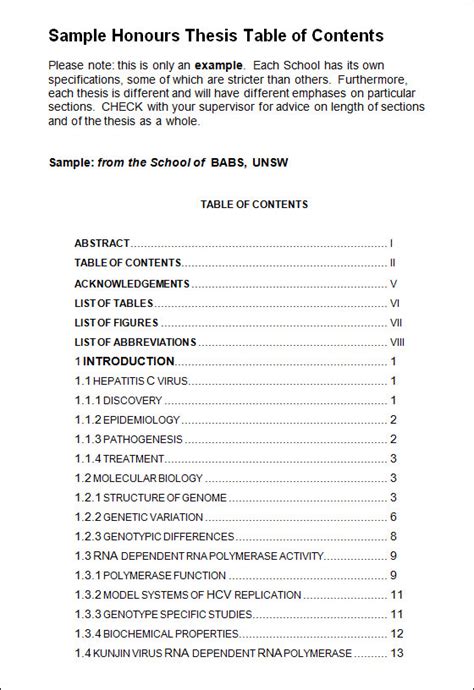 table  contents  dissertation format template style table
