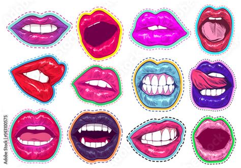 pop art woman lips set sexy mouth fashion design comic book style