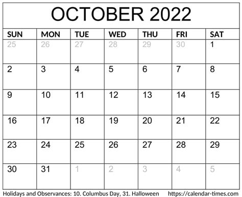 blank october  calendar printable  calendar times