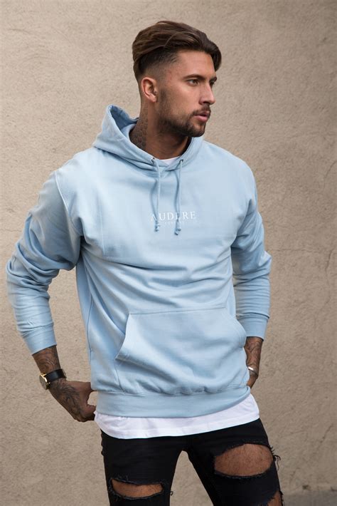 light blue hoodie white print audere couture