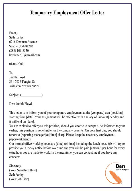 temporary employment offer letter   letter template