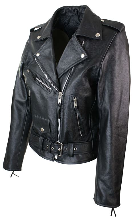 Ladies Women Classic Brando Biker Motorcycle Motorbike Hide Leather