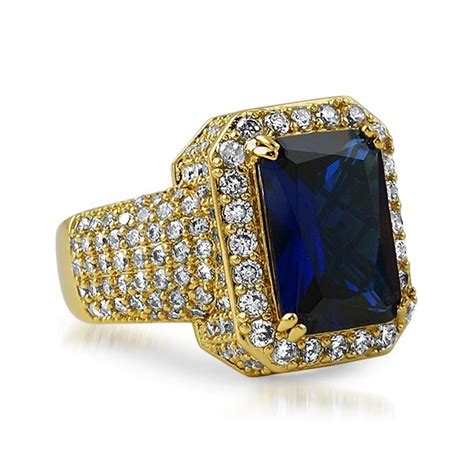 Fully Iced Out Lab Sapphire Hip Hop Gold Ring Gold Cz