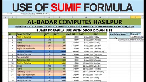 sumif formula  ms excel youtube
