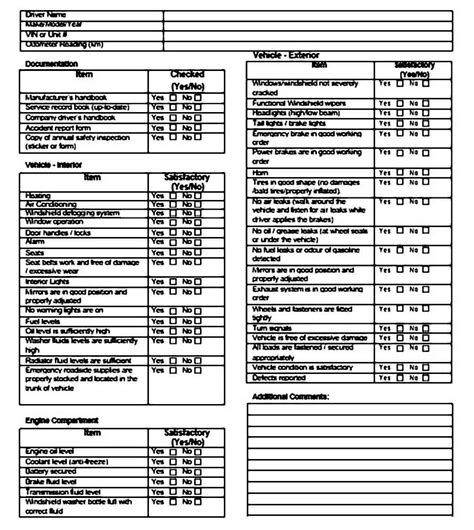 printable daily vehicle inspection checklist template