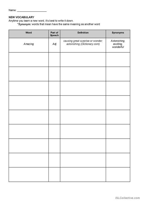 vocabulary words template english esl worksheets