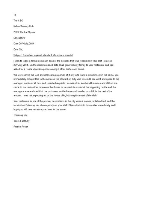 letter  complaint   restaurant cover letter