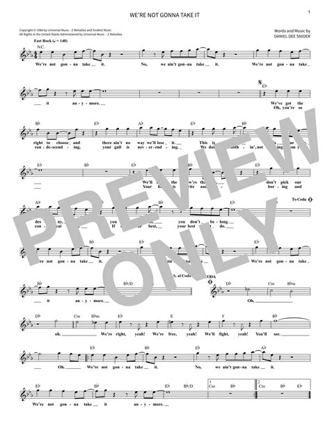 We Re Not Gonna Take It Sheet Music Twisted Sister School Of Rock