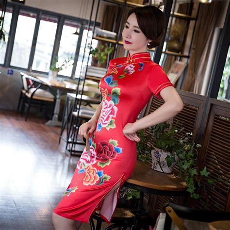 fengmeisi chinese traditional women vintage red print cheongsam short