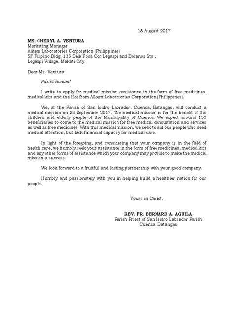letter request  medical mission assistance health care public health