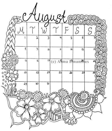 august calendar header coloring page coloring pages