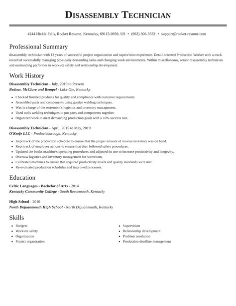 Disassembly Technician Resume Online And Sections Rocket Resume