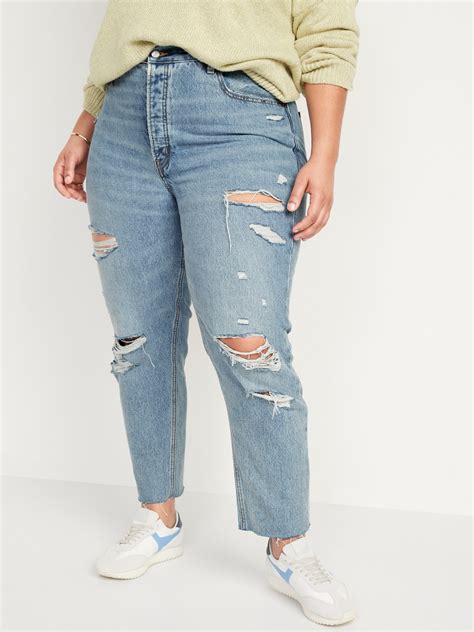 extra high waisted button fly sky hi straight ripped non stretch jeans
