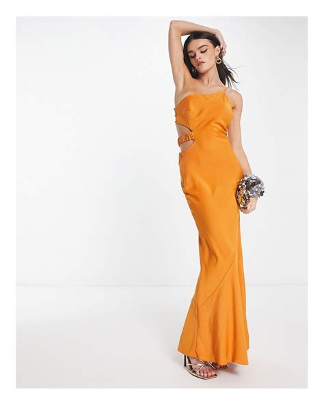 asos maxi jurk van satijn met blote schouder en uitsnijding met elastische band  het oranje