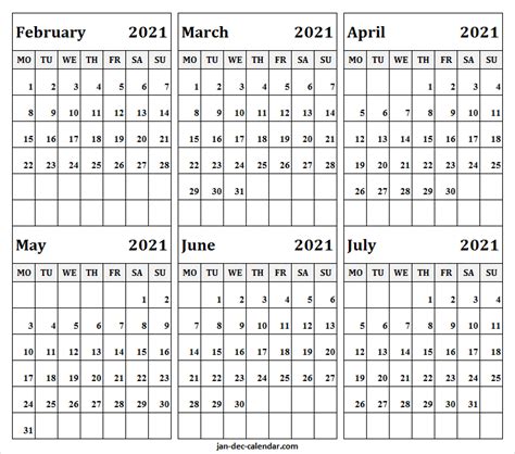 February To July Calendar 2021 Excel Template Blank
