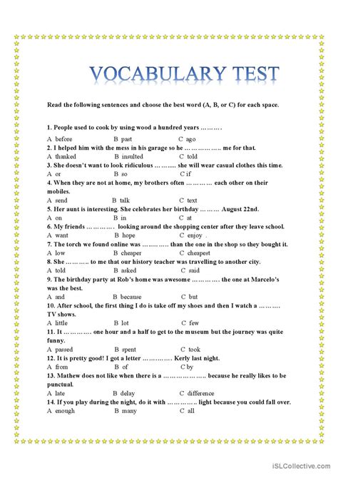 vocabulary test  level english esl worksheets