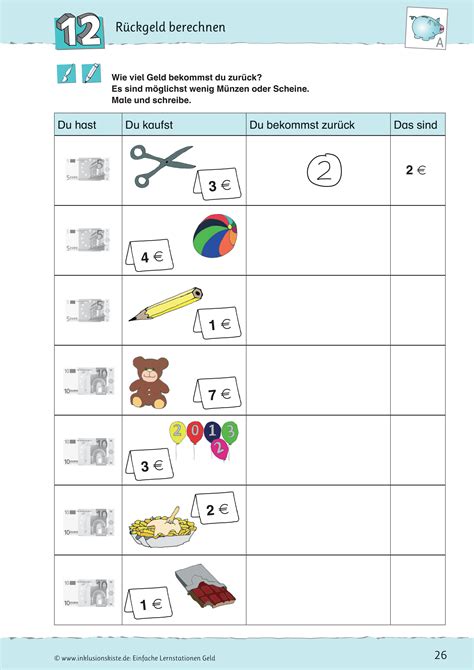 einfache lernstation geld rueckgeld berechnen