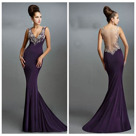 elegant v neck beading purple satin long evening dresses hunter green mermaid prom dress modest