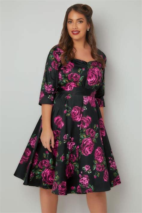 Lady Voluptuous Black And Pink Floral Print Dress With