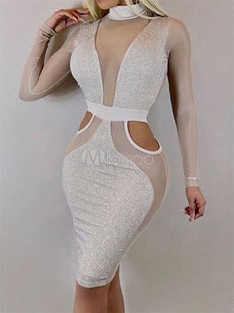 sexy club dress white long sleeve cut out semi sheer midi dress