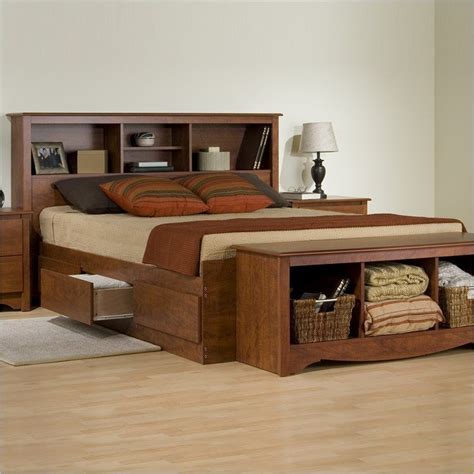 Prepac Monterey Queen Bookcase Platform Storage Bed In Cherry Bed