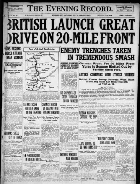 canadian newspaper front page announcing  beginning   battle   somme  july