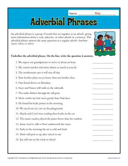adverbial phrases  printable adverb worksheets