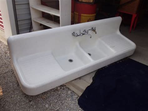 Antique Cast Iron White Porcelain Double Bowl Drainboard