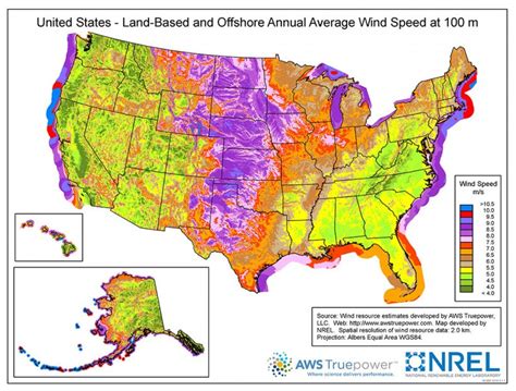 united states land based and offshore annual average wind speed at