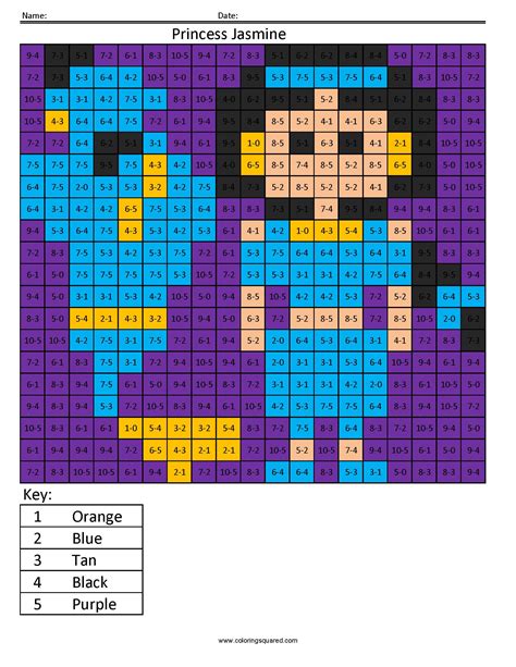 disney princess addition  subtraction coloring squared