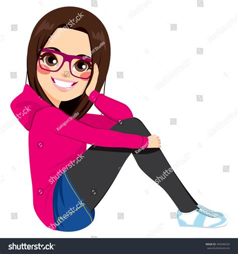 beautiful brunette teenager girl glasses sitting stock vector 345446534 shutterstock