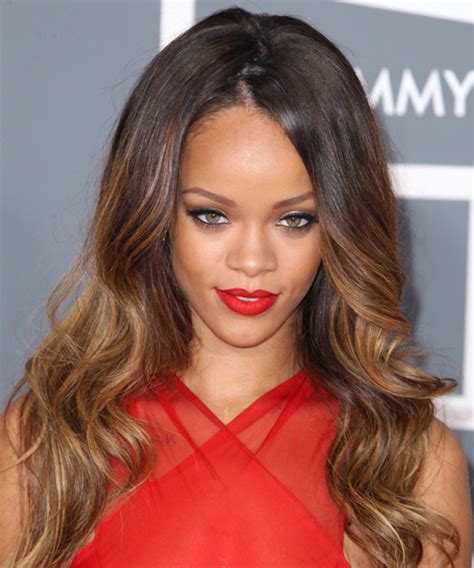 Rihanna Long Wavy Dark Caramel Brunette And Brunette Two Tone Hairstyle