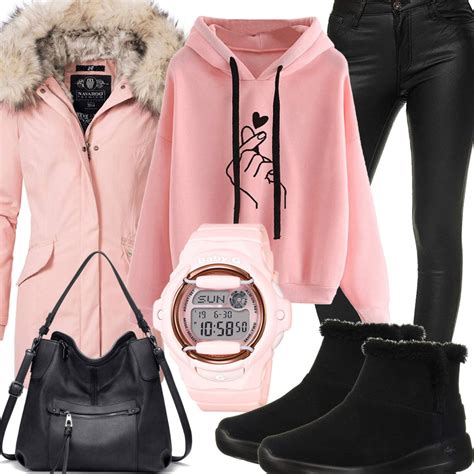 schwarz rosa winter damenoutfit mit winterparka outfitsyoude