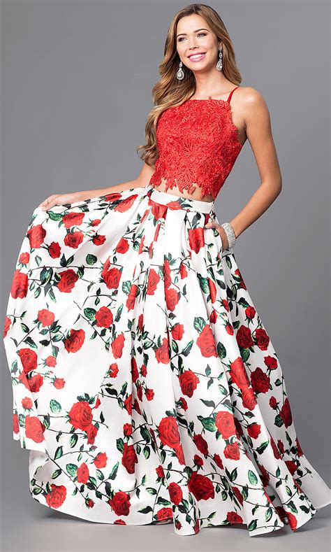long two piece print skirt with lace top promgirl