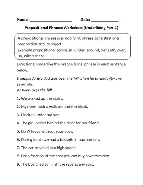underlining prepositional phrase worksheets part  prepositional