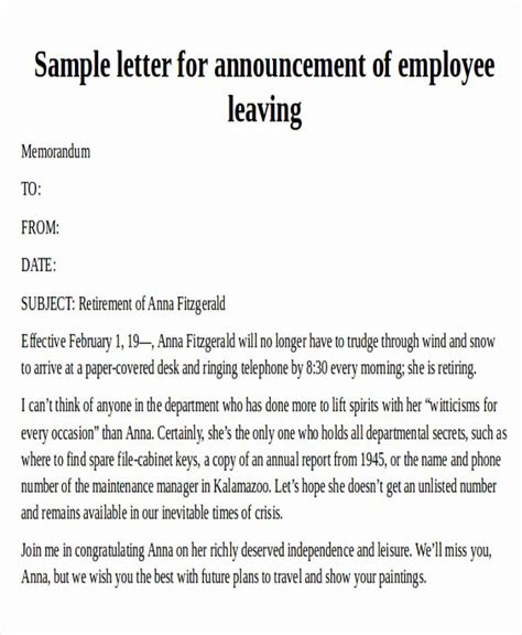 sample announcement  employee leaving