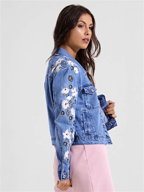 Womens Size 14 12 10 8 6 Embroidered Denim Jacket Floral
