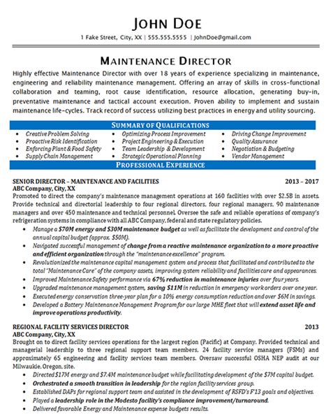 maintenance resume  maintenance director manager