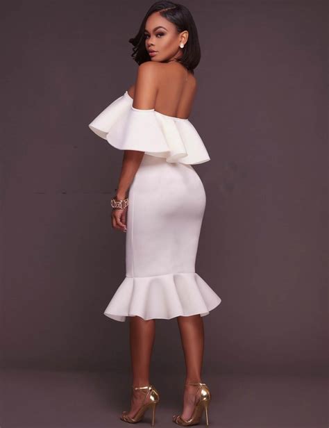China New White Off Shoulder Ruffle Bodycon Mermaid Party Dress Wholesale