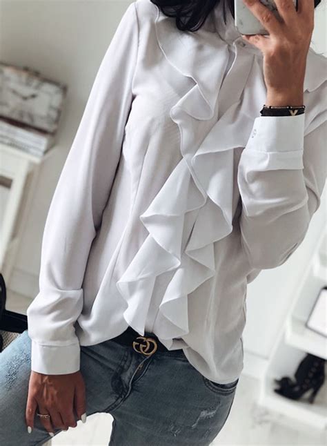 white elegant long sleeve stand neck slim ruffle button