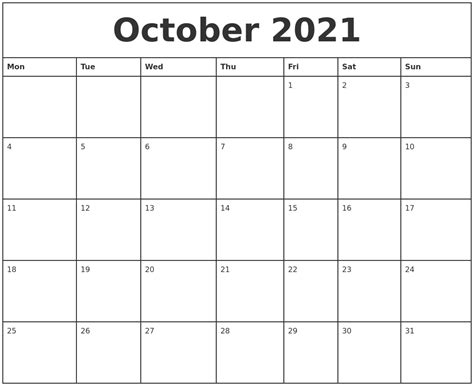 october  printable monthly calendar