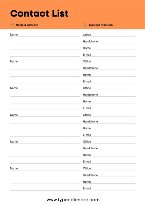 printable contact list template  comprehensive