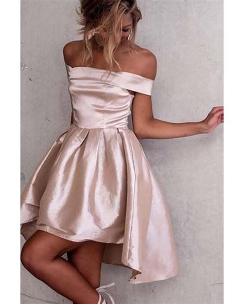 Cute Pink Off Shoulder Homecoming Dresses Mid Back High Low Stain Short