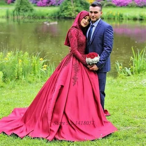 Red Islamic Long Sleeve Muslim Wedding Dress With Hijab Lace Wedding