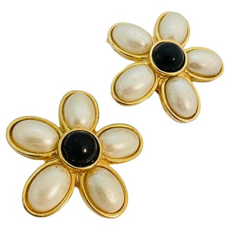 vintage huge gold flower black pearl clip on earrings for sale at 1stdibs