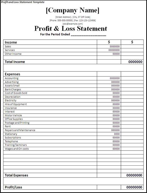 profit  loss statement  word templates