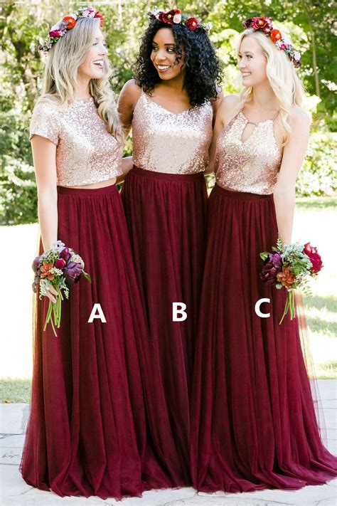 tulle short sleeve gold burgundy mismatched bridesmaid dresses fitted burgundy bridesmaid