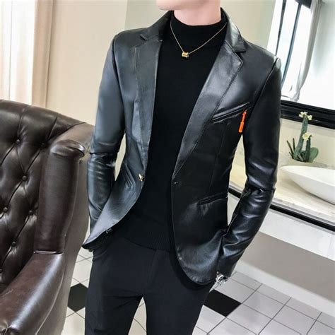 2019 new autumn faux leather suit jacket men korean trendy slim fit