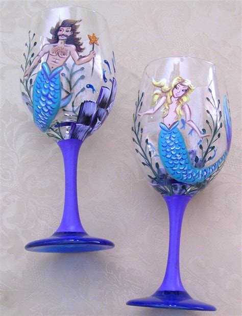 Mermaid Wine Glasses Male Female Hand Painted Set Custom